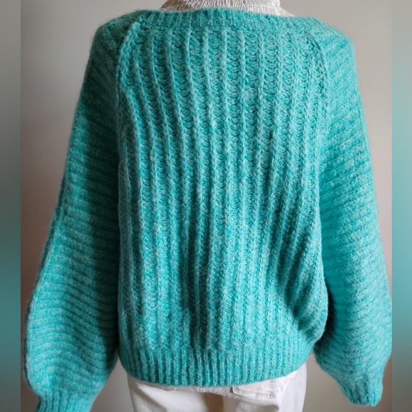 Free People Puff Sleeve Fuzzy Oversized Cropped Sweater Turquoise Colorful Sz M - Picture 9 of 13